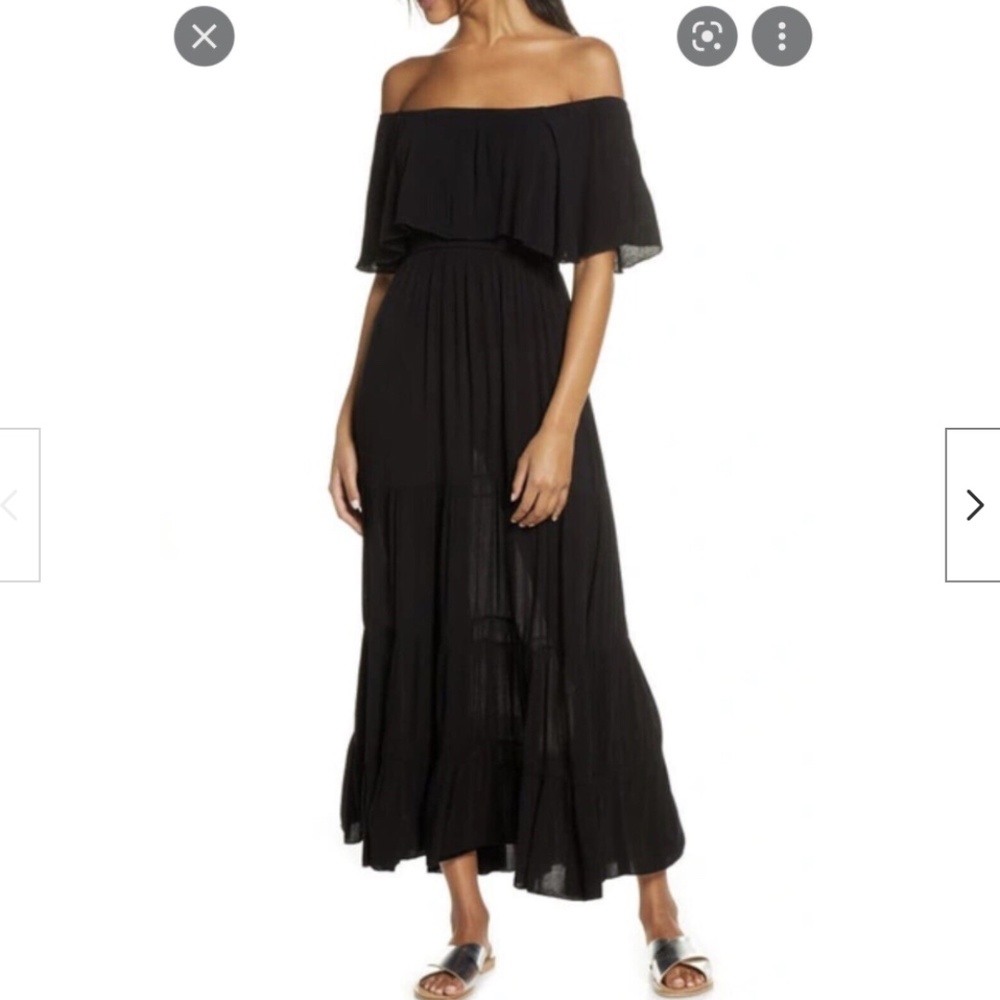 Elan New Off Shoulder Ruffle Cover Up Maxi Black Dress Elastic Waist Size XS